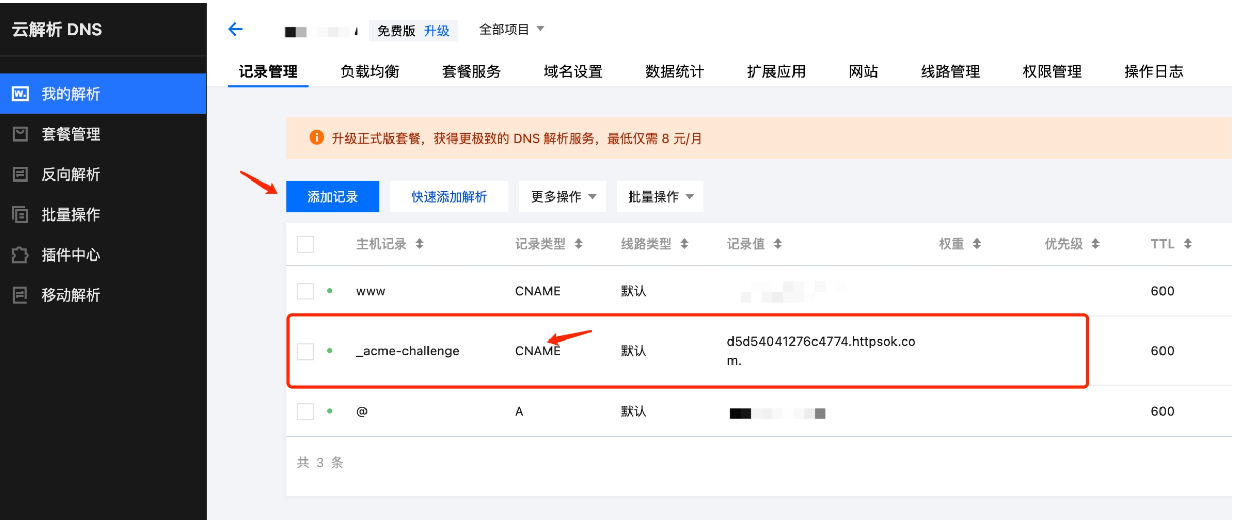 添加DNS记录